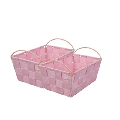 Image of Pack Of 2 Woven Storage Basket Multipurpose Organiser with Handles Ideal For Shelf Dresser Home Decor,Bedroom Living Room Item (20cm x 9cm 12cm) (Blush Pink)