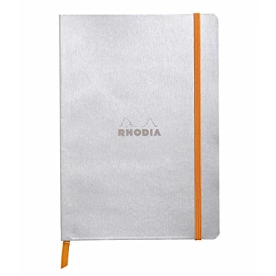 Image of RHODIA 117401C Silver Soft Notebook A5 Lined 160 pages Ivory Clairefontaine Paper 90 g/m Bookmark, Elastic Closure Faux Leather Cover Rhodiarama Collection