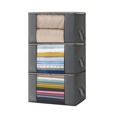 Image of Boic 3 Pack 90L Clothes Storage Bags, Large Capacity Boxes With Lids, Foldable Bags Zips For Toys, Clothing, Bedding, Blankets