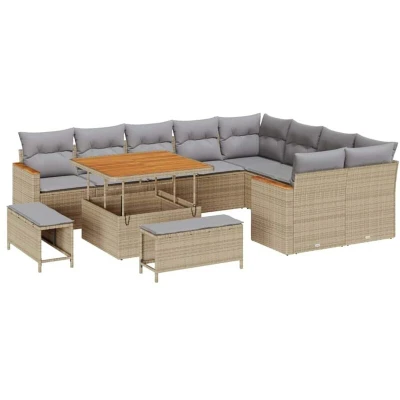 Image of 12 Piece Garden Sofa Set with Cushions Beige Poly Rattan Acacia Vidaxl