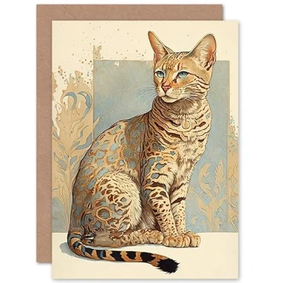 Image of Artery8 Ocicat Cat with Turquoise Rosette Pattern Fur Modern Watercolour Illustration Art Birthday Sealed Greeting Card Plus Envelope Blank inside