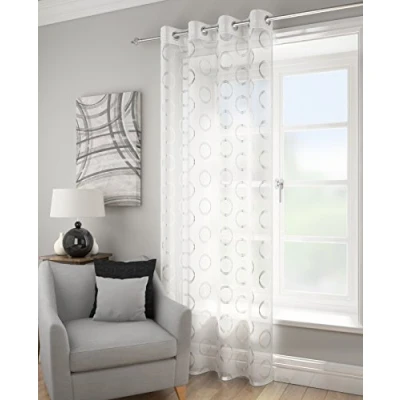 Image of Spiro retro circles white silver voile 55 x 72 drop inches 140cm 183cm approx plain eyelet ring top sheer elegance curtain door panel