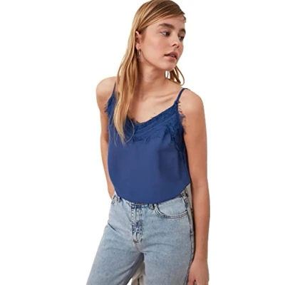 Image of Trendyol Women Regular fit Basic V Neck Woven Blouse Indigo