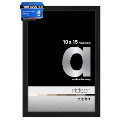 Image of nielsen Alpha Photo Frame 4x6, 10x15cm Aluminium Picture Frame, Black with Protective Float Glass and Push Turn Clips Jet Matt