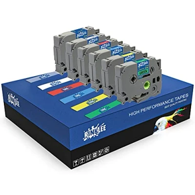 Image of RINKLEE TZe 131 231 431 531 631 731 Black on Clear/White/Red/Blue/Yellow/Green Label Tape Compatible with P Touch PT 1000 H101C H110 D210/D400/D600 VP 12mm x 8m 6 Pack