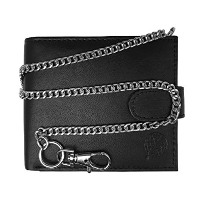 Image of Roamlite R.F.I.D Blocking Mens Leather Wallet 43cm Key Belt Chain 4 Credit Card Slots Buttoned Coin Pouch 11 cm x9.5x2 RL506KRFID (Black R*F*I*D Blocking)