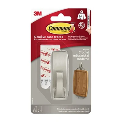 Image of Command MR02 BN Medium Brushed Nickel Metal Hook with Modern R
