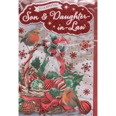 Image of prelude Son And Daughter in Law/Wife Christmas Card Traditional Gold Xmas Wreath Slim Size 23cm x 14cm