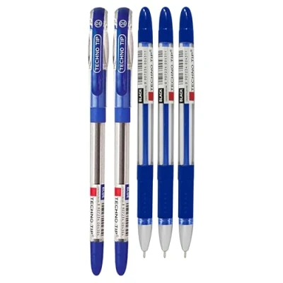 Image of TECHNOTIP Ballpoint Pens, BLUE, Fine Point (0.6mm), Pack of 5, Elasto Grip, Writing Ball Perfect for School Office Home Use, iZOFAX Black Pen