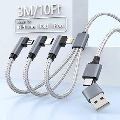 Image of MTAKYI 5 in 1 Universal USB Charging Cable Right Angle, 3M/10Ft C Multi Fast Nylon Braided Cord USB/C to Type C/iPhone Sync Charger Adapter Compatible with Laptop/Tablet/Phone
