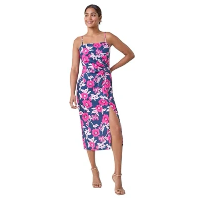 Image of Roman Originals Floral Linen Look Ruched Midi Dress for Women UK Ladies Everyday Holiday Spring Summer Comfy Soft Evening Vacation Work Party Pink Size 12