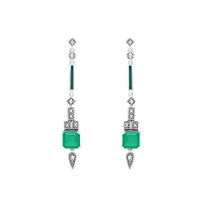 Image of Esse Marcasite Sterling Silver Art Deco Green Chalcedony &amp; Square Long Drop Earrings