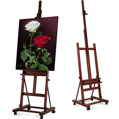 Image of VISWIN Premium H Frame Easel 190 370cm H, Hold Canvas to 236cm, Solid Beech Wood Large Artist for Painting Canvas, Studio Floor Stand with Storage Tray, Wheel, Wooden Art Adult W
