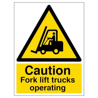 Image of V Safety,Black/Yellow,64002BC S Caution Fork Lift Trucks Operating Sign Portrait 300mm x 400mm Self Adhesive Vinyl