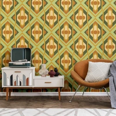 Image of A.S. Création Retro 70&#039;s Large Diamond Wallpaper Green/Yellow/Orange Chic 395312 8.50m x 0.53m Paste The Wall