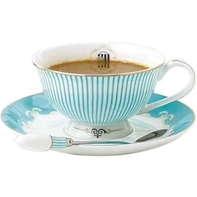Image of YBK Tech Cup&amp; Saucer Set Bone China Porcelain Tea Coffee Cup for Breakfast Afternoon Blue Stripe Pattern