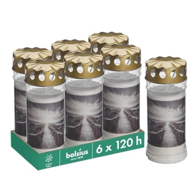 Image of Bolsius Grave Light White Pack of 6 Length Burning Time 120 Hours Funeral Candle &amp; Memorial Candles Permanent Burner with Motif Mountain Unscented Without Palm Oil No. 5