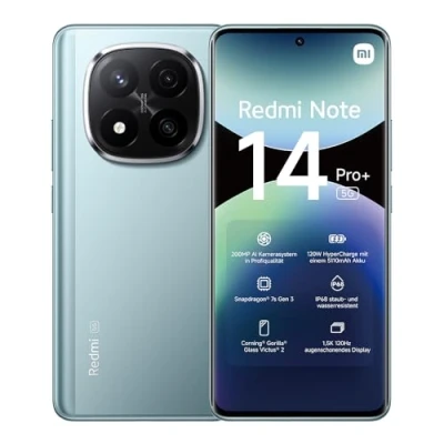 Image of Xiaomi Redmi Note 14 Pro+ 5G smartphone, 12+512GB, blue, 200MP pro grade AI camera, IP68, 120W HyperCharge, features (no charger included), 2 year Warranty