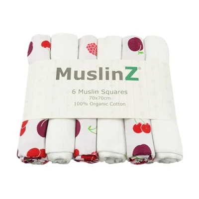 Image of MuslinZ 100% Organic Cotton Muslin Cloths for Baby, Baby Essential Burp Large 70cm size, soft and breathable. (Fruit Mix Organic)