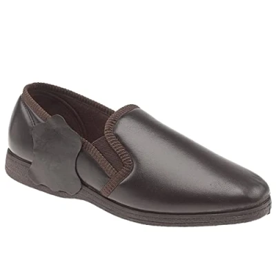 Image of Sleepers Mens Hadley Slip On Gusset Genuine Leather Slippers with Rubber Sole Dark Brown 11 UK