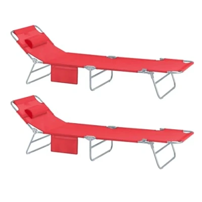 Image of SoBuy OGS35 Rx2, Set of 2 Textoline Reclining Folding Chair, Adjustable Back Outdoor Garden Camping Beach Deck Chair Sunlounger, Red