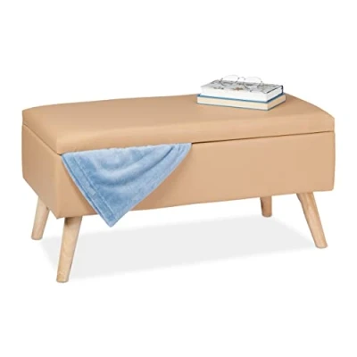 Image of Relaxdays Hallway Storage Bench, 40L, Padded Faux Leather Trunk, Wooden Legs, HxWxD: 40 x 80 39.5 cm, Beige