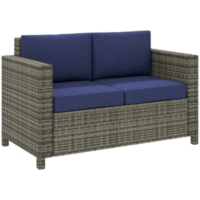 Image of Outsunny 2 Seater Garden Furniture, Rattan Sofa with Soft Padded Cushion and Armrests, Wicker Loveseat for Patio, Navy Blue