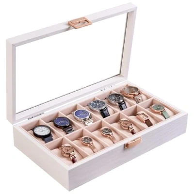 Image of ProCase Wooden Watch Case for Men, 12 Slot Box Men Storage, Wood Mens Organizer Holder, Display With Glass Lid White
