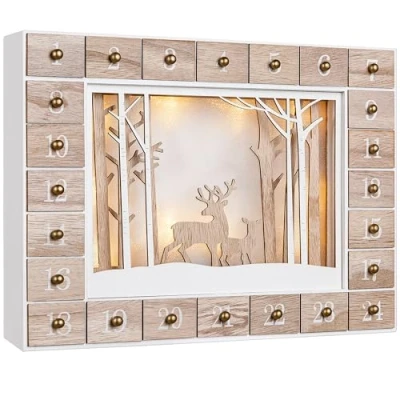 Image of Spielwerk® Traditional Wooden Christmas Advent Calendar Light Up Reusable Sustainable Countdown Decoration 24 Refillable Drawers Warm White LEDs DIY Gift Ornament Winter Landscape