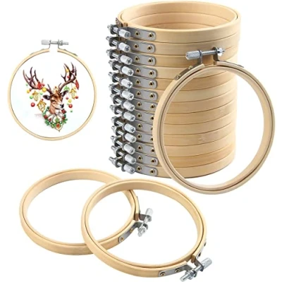 Image of FEBSNOW 16 Pieces 4 Inch Embroidery Hoops Adjustable Bamboo Circle Cross Stitch Hoop Ring Bulk Wooden Round for Art Craft Handy Sewing and Christmas Decoration