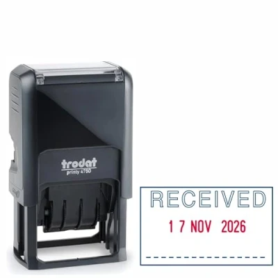 Image of Trodat Printy 4750 Dater Stamp with English Phrase RECEIVED Self Inking, Red Ink Date and Blue Text