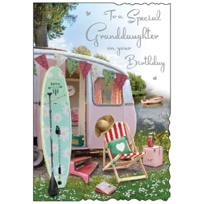 Image of Jonny Javelin Special Granddaughter Birthday Card Happy with Lakeside Caravan Design and Embossed Foil Details for Women