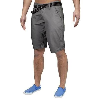 Image of True Face Men Shorts Stretchable Chino Cotton Slim Fit Zip Fly Summer Half Pants with Belt Casual Knee Length Bottoms Pockets Mid Grey 40