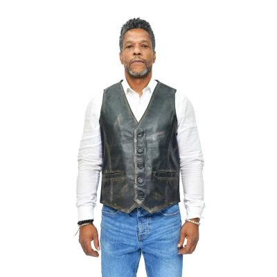 Image of Mens Black Leather Waistcoat Casual Classic Formal Traditional Gilet Vest L