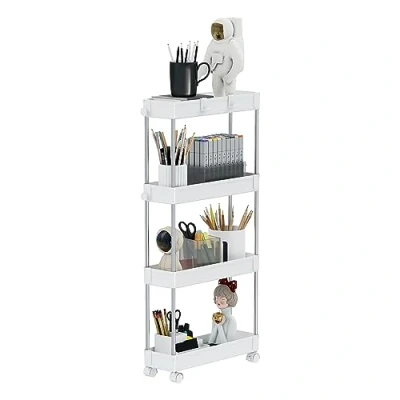 Image of Mondeer Storage Trolley, 4 Tier Slim Rack with Wheels, Multifunctional Suitable for Office Kitchen Bathroom, W13 x D40 H85cm, White