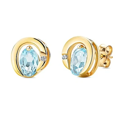 Image of Orovi 0.02 carat Diamond Earrings, Stud Earrings in 9ct Yellow Gold with Natural Diamonds and Sky Blue Topaz Gems, Solid Hypoallergenic Comes Jewellery box