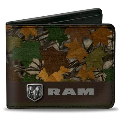 Image of Buckle Down Men&#039;s PU Bifold Wallet RAM Logo Leaf Camo Browns/Greens/Silvers, Multicolor, 4.0&quot; x 3.5&quot;, 3.5&quot;