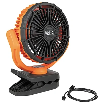 Image of Klein Tools PJSFM2 Lithium Battery Operated Fan, Rechargeable Mini USB Fan with Clip On, Hang Hole, and Magnet Mounting, Portable, Orange/Gray
