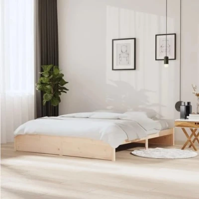Image of King Size Bed Frame Solid Pine Wood Slats Wooden Mattress Base Platform Natural