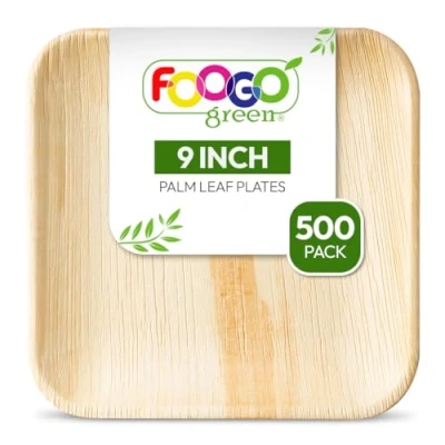 Image of FOOGO Green 500 Disposable Palm Leaf Plates, 9&quot;(23cm) Large Square, Eco Friendly Biodegradable Compostable Like Wooden Bamboo Paper Plates for Hot Food, Wedding Picnic