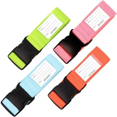 Image of OW Travel Personalised Luggage Straps for Suitcases (4 Pack Blue Green Orange Pink) Easy to Spot Sturdy Suitcase with labels. Strap Belt Baggage.Bag