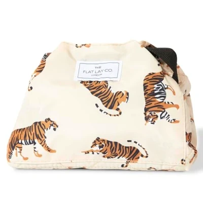 Image of The Flat Lay Co. Makeup Bag Natural Tiger Travel Make Up Organiser for Cosmetics, Eyeshadow, Brushes, Lipstick &amp; Tools Drawstring Storage with Brush Holder Large Pockets