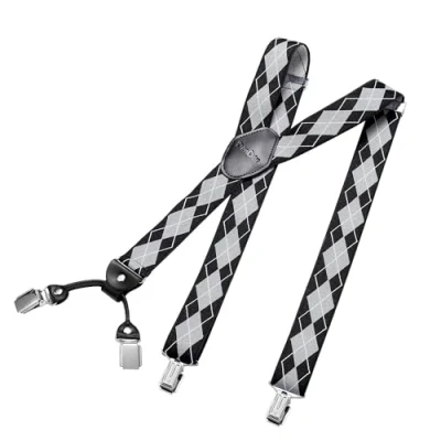 Image of DonDon Mens Braces Suspenders 3,5 cm 1,38&quot; Wide 4 Clips with Leather in Y Form Elasticated and Adjustable Length Checkered black grey white