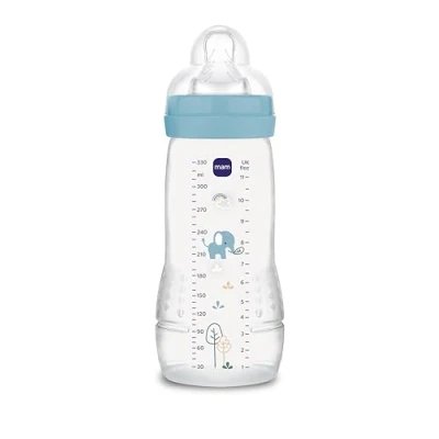 Image of MAM Easy Active Baby Bottle, to Grip Ergonomic Large Learning No. 3 Silicone Teat and Leak Proof Lid, 4+ Months, Blue, 330 ml