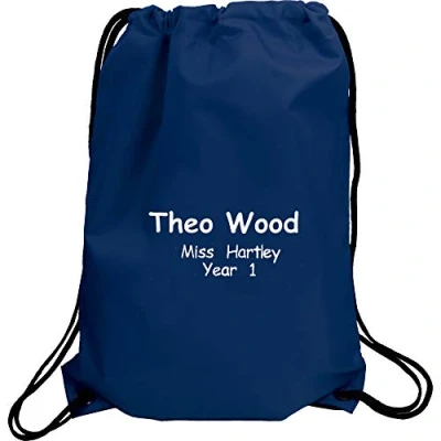 Image of Boy&#039;s Personalised Name, Teacher &amp; School Year Sports PE Drawstring Gym Swimming Bag (French Navy)