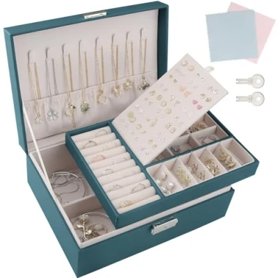 Image of TEIVUL Jewellery Box,2 Layer PU Leather Jewelry Box Organiser with 2 Keys,Suitable for Rings Earrings Necklaces Bracelets Accessories, Gifts Women Girls (Green)