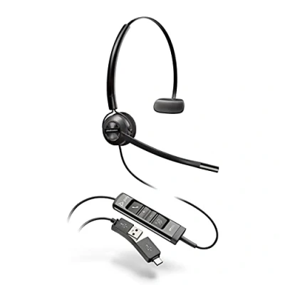 Image of Poly EncorePro 545 USB A and C headset (Plantronics) Acoustic Hearing Protection Hold &amp; Call Answer buttons Convertible wearing style
