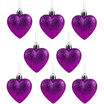 Image of Christmas Concepts® Pack of 8 60mm Heart Shaped Tree Baubles Glitter Decorated (Purple)