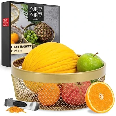 Image of Moritz &amp; Fruit Bowl in Gold Metal 25cm Wire Basket for Gifts, Fruits, Vegetables and Bread