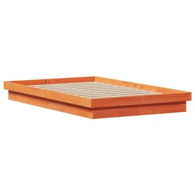 Image of vidaXL Solid Pine Wood Bed Frame with RGB LED Wax Brown, Plywood Slats, 120x190 cm, Modern Bedroom Furniture USB